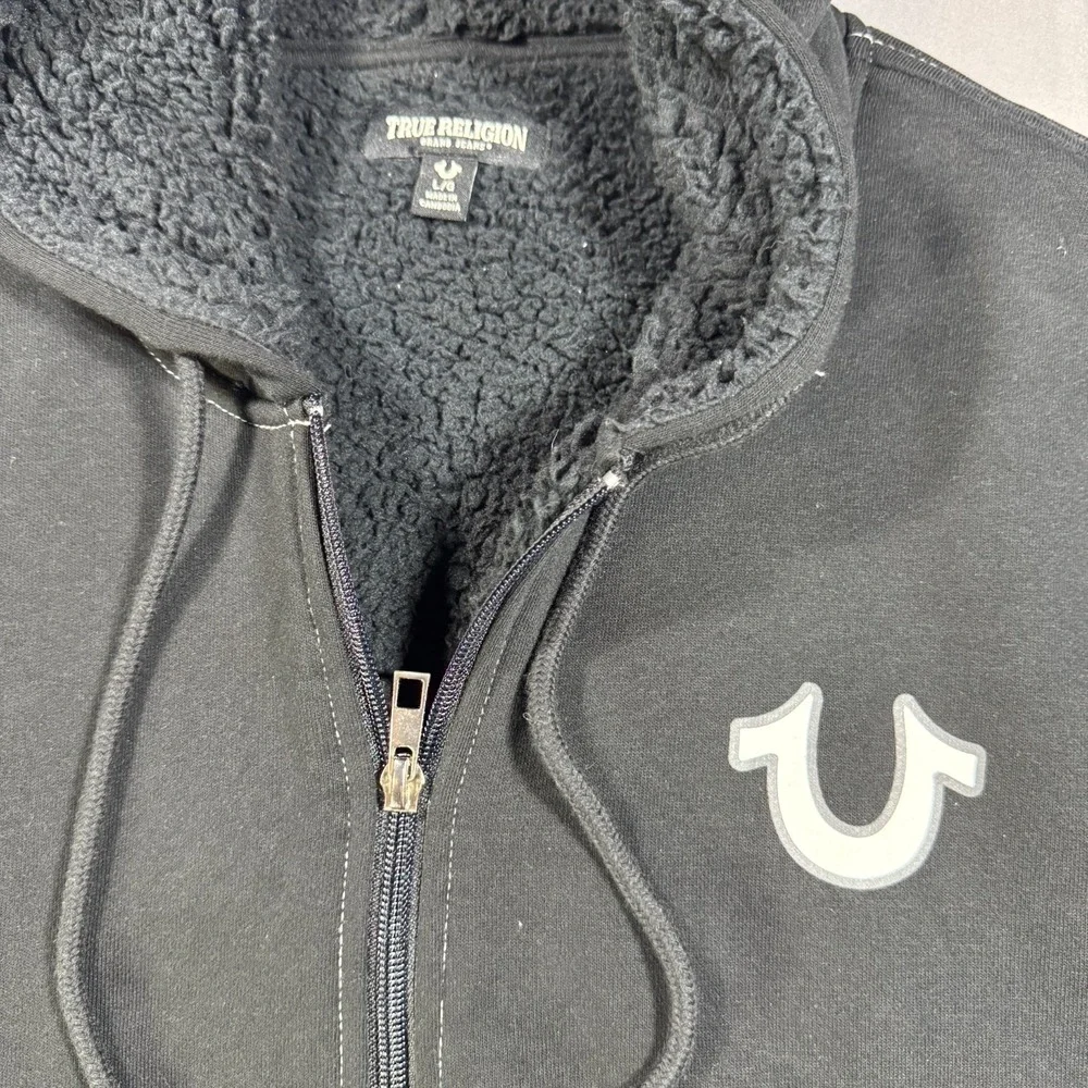 True Religion Mens Black Sherpa Lined Full Zip Hoodie Buddha Guitar Large L